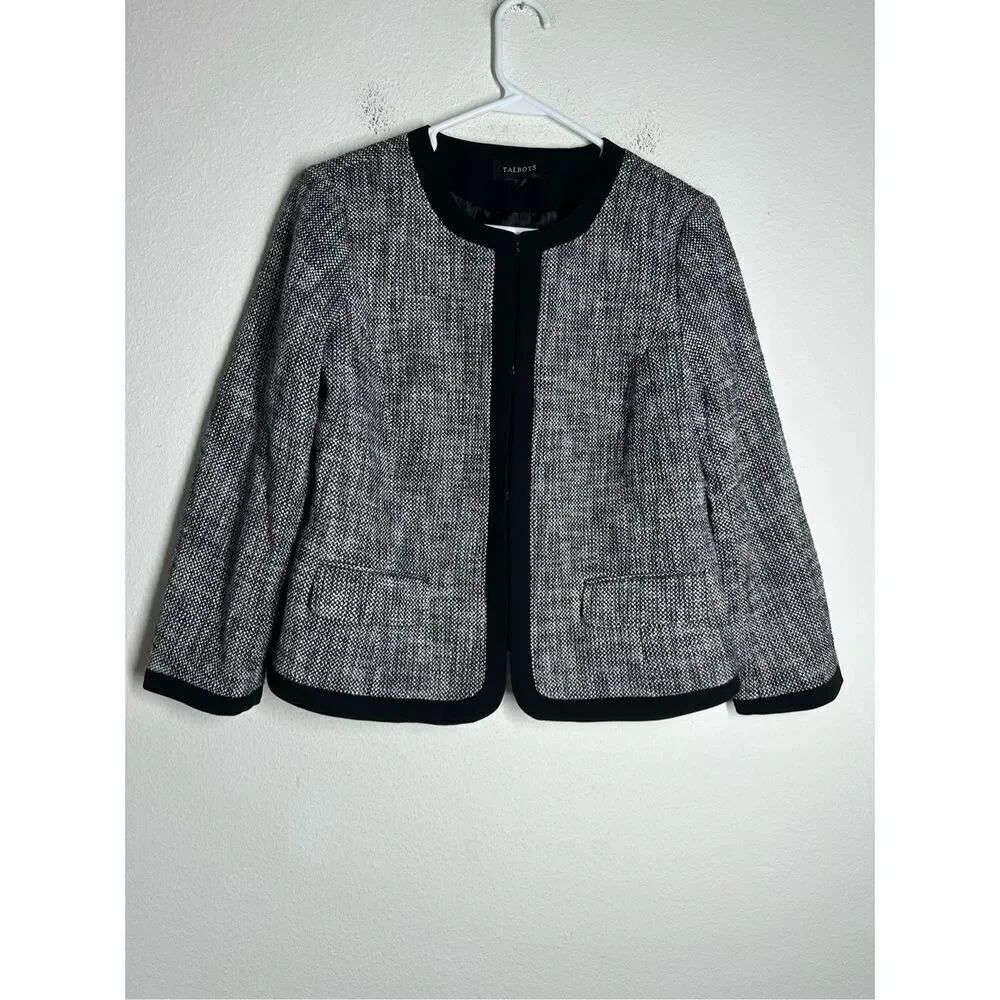 Talbots Tweed Jacket Blazer Size 10 Trim Black Front Pockets Cotton Blend Lined